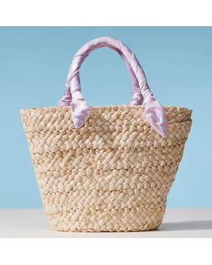 Fashnzfab Stripe Print Fabric Scarf Wrapped Handle Raffia Tote Bag - Blue