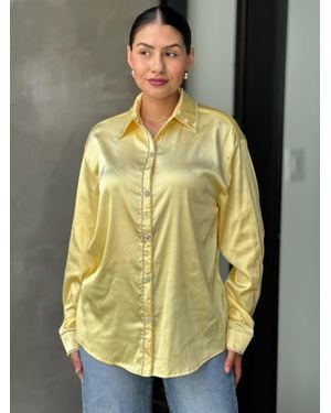 TRUEDAMES Rhinestone Diamond Lined Button Down Satin Blouse - Yellow
