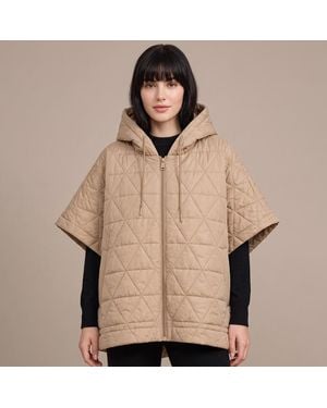 TRUEDAMES Oversized Short Sleeves Quilted Hooded Poncho Jacket - Natural