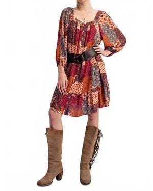 Easel Patchwork Gauze Woven Dress - Red