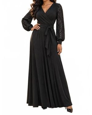 SurelyMine Sequin Balloon Sleeve Wrap Maxi Dress - Black