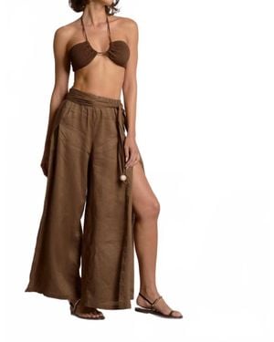 Elan Linen Pant With Side Slit - Brown
