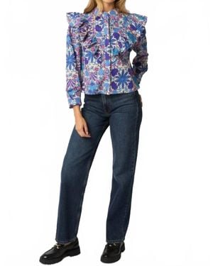 Olivaceous Floral Ruffled Button Down Top - Blue