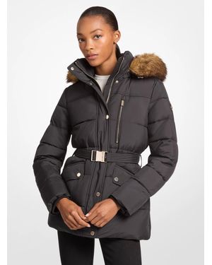 Michael Kors Outlet Faux Fur Trim Belted Puffer Jacket - Gray