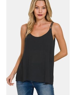 TRUEDAMES Woven Double Spaghetti Strap V-Neck Cami - Black