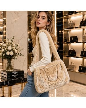 Fashnzfab Solid Plush Faux Fur Shoulder Tote Bag - Natural