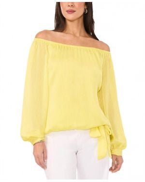 Vince Camuto Sheer Striped Off-The-Shoulder Long-Sleeve Tie-Front Blouse - Yellow