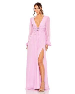 Ieena for Mac Duggal Plunge Neck Lace Up Evening Gown - Pink