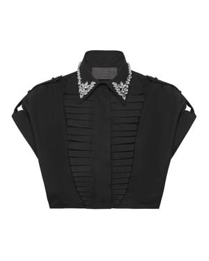 Philipp Plein Volant Cropped Shirt Ss Strass - Black