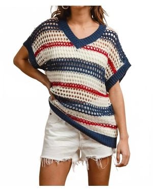 Bibi Stripes Drop Shoulder Open Knit Top - Blue
