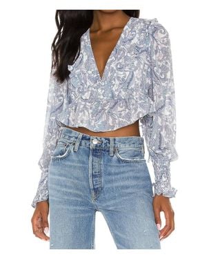 For Love & Lemons Janelle Smocked Elastic Cuffs Top - Blue