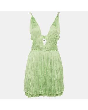 Maje Lime Satin Plissé Plunge Neck Mini Dress - Green