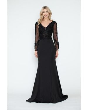 TRUEDAMES Formal Dress V-Neck Beaded Sheath Long Sleeve Evening Gown - Black
