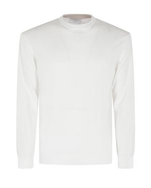 Eleventy Crewneck Long-Sleeve Cotton Sweater - White