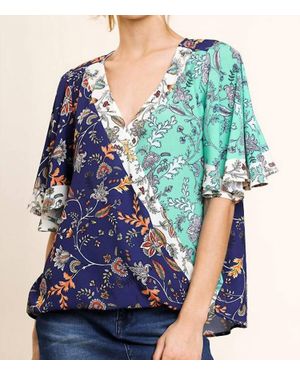 Umgee Floral Bell Sleeve Crossbody Top - Blue