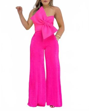 Flarix Corp One-Shoulder Bow Detail Wide-Leg Set - Pink