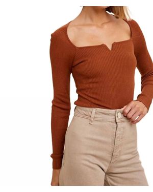 In-Loom Ribbed Knit Square Neck Top - Brown