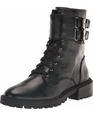 Vince Camuto Croc Lace Up Fawdry Block Heel Leather Combat Boot - Black
