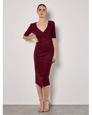Apricot Foil Sparkle Metallic Side Ruched Dress - Red