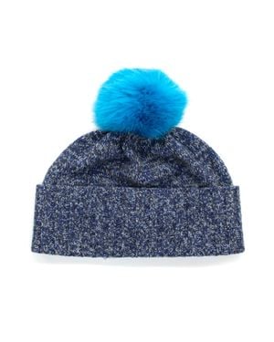 Portolano Cashmere Tweeded Beanie With Pom - Blue