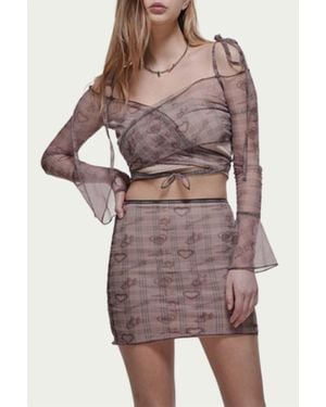 ZEMETA Cupid Heart-print Sheer Mesh Cropped Wrap Top - Gray