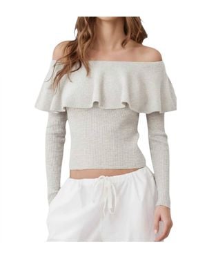 Autumn Cashmere Rib Off-The-Shoulder Ruffle Top - Gray