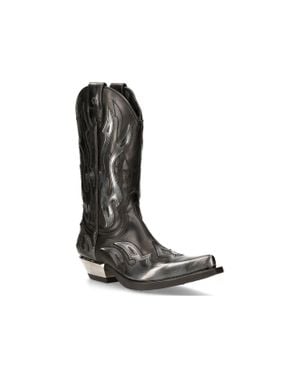 New Rock Flame Accented/ Leather Biker Cowboy Boots- M-7921-S3 - Black