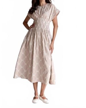 Storia Embroidered Floral Smocked Midi Dress - Natural