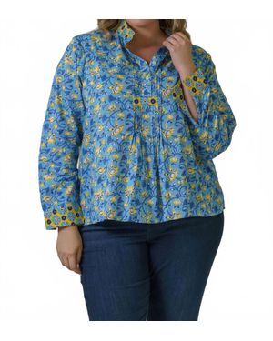 Just Bellina Button Down Long Sleeve Floral Blouse - Blue