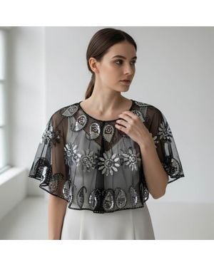 TRUEDAMES Floral Sequin Embellished Sheer Cape Shawl Top - Black