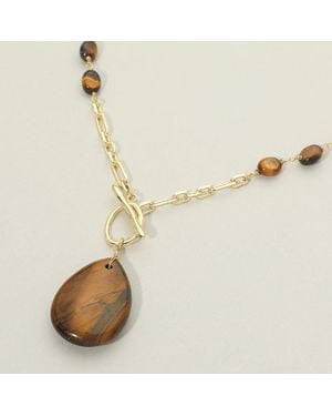 Fashnzfab 18K Dipped Teardrop Natural Stone Pendant Toggle Necklace - Metallic