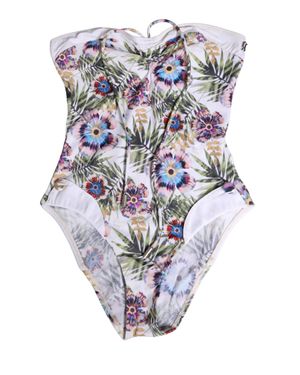 John Galliano Floral Print Strapless One-Piece Swimsuit Swimwear - White