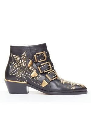 Chloé Chloe Susanna Leather Floral Studded Triple Buckle Boots - Blue