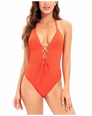 Lucky Brand Golden Wave Textured Plunging Lace-Up Swimsuit Srt414 - Orange