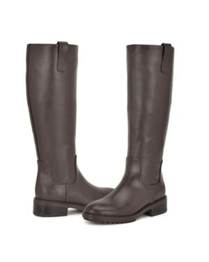 Nine West Leigha Boots Dark Leather Round Toe Knee High Zap1469 - Brown
