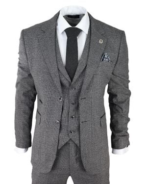 Oliver Tweed 3 Piece Suit Prince Of Wales Check Classic Tailored Fit Wedding Suit - Gray
