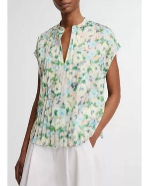 Vince Painted Garden Cap Sleeve Pleated Top - Green