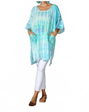KikiSol Artisan Tie Dye Gauze Round Neck Kaftan Top - Blue