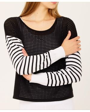 French Kyss Scoop Stripe Sleeve Crochet Top - Black