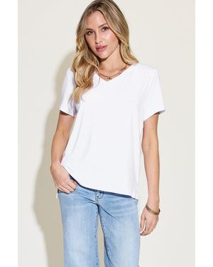 TRUEDAMES Basic Bae Full Size V-Neck High-Low T-Shirt - White