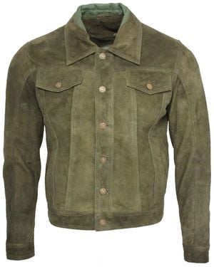 Infinity Leather Trucker Classic Suede Leather Shirt Jeans Jacket - Green