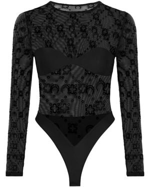 Marine Serre Flocked Mesh Long-Sleeve Bodysuit With Bustier Panel - Black