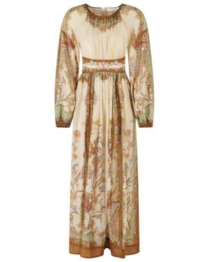 Zimmermann Cream Khaki Indra Waisted Floral Metallic Cotton Maxi Dress - Natural
