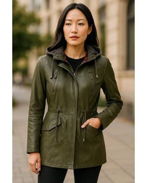 Infinity Leather Leather Hooded Parka Jacket-Clare - Green