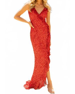 Primavera V-Neck Ruffled Sequin Evening Gown - Red
