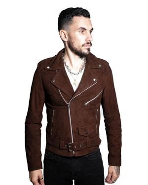 Infinity Leather Goat Suede Brando Biker Jacket-Melbourne - Brown
