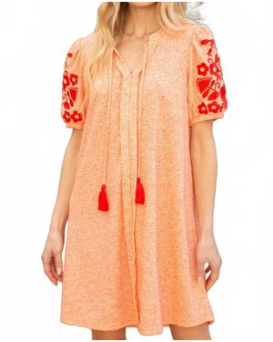 Voya Jennie Embroidered Sleeve Tassel Detailed Shift Dress - Orange