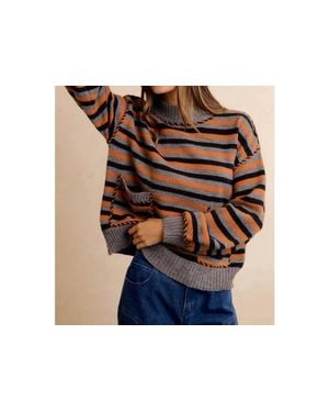 Bibi Halloween Striped Mock Neck Pocket Sweater - Black