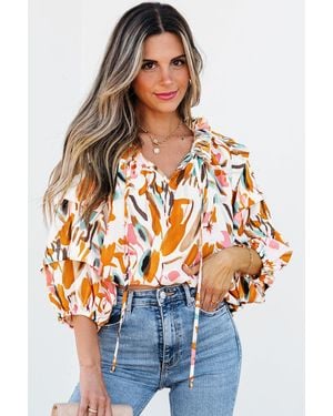 TRUEDAMES Abstract Print Drawstring Frilled V Neck 3/4 Sleeve Blouse - Blue