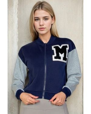 TRUEDAMES Letter Patched Striped Trim Varsity Jacket - Blue